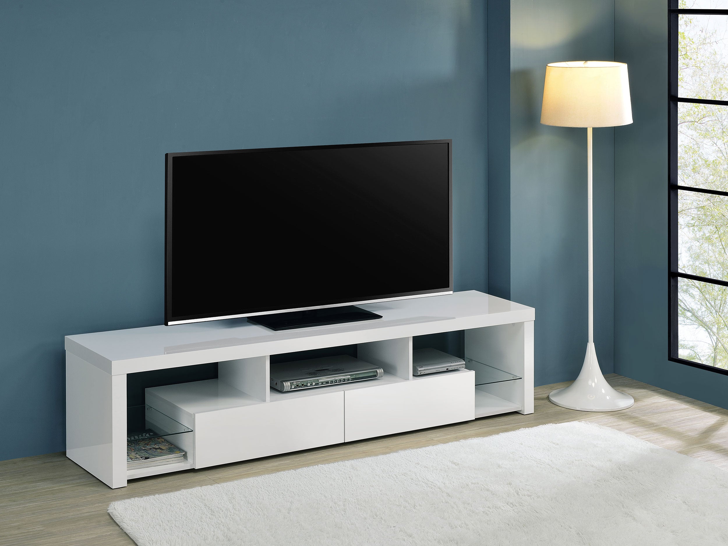 Jude 2drawer 71" TV Stand With Shelving White High Gloss by Coaster Z2