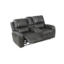 LINTON LEATHER CONSOLE LOVESEAT W/ DUAL RECLINERS-GRAY