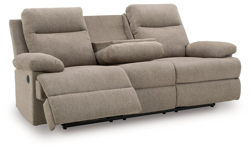Side-Swipe Reclining Sofa with Drop Down Table (Color: Mocha)