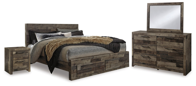 Derekson King Panel Storage Bed, Dresser, Mirror and Nightstand