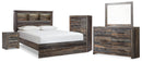 Drystan Queen Bookcase Panel Bed, Dresser, Mirror Chest and Nightstand