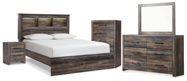 Drystan Queen Bookcase Panel Bed, Dresser, Mirror Chest and Nightstand