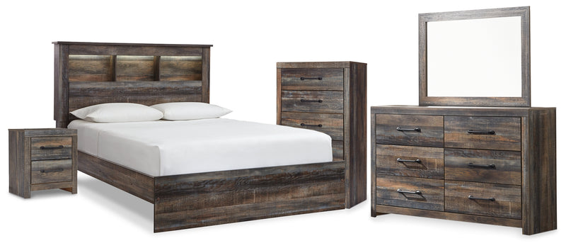 Drystan Queen Bookcase Panel Bed, Dresser, Mirror Chest and Nightstand