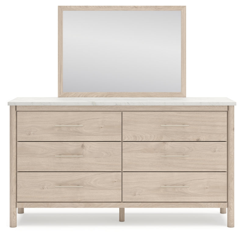 Cadmori King Upholstered Panel Bed, Dresser, Mirror and Nightstand