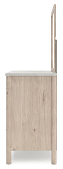 Cadmori Queen Upholstered Panel Bed, Dresser and Mirror