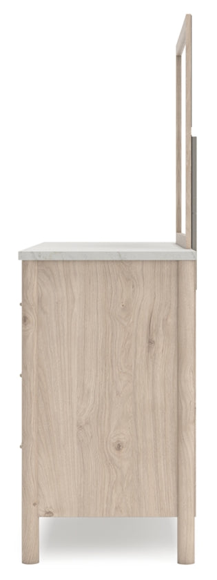 Cadmori King Upholstered Panel Bed, Dresser, Mirror and Nightstand