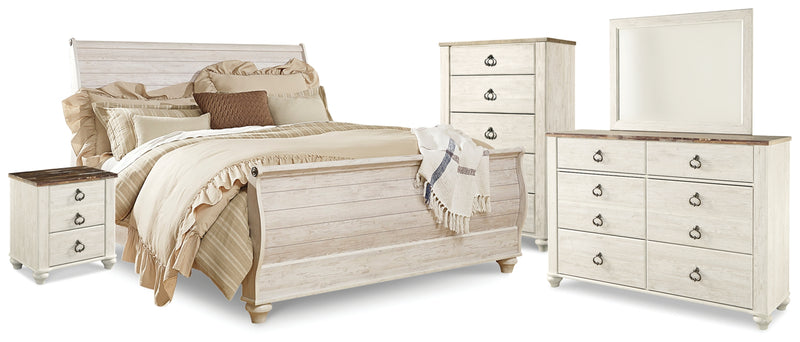 Willowton King Sleigh Bed, Dresser, Mirror, Chest and Nightstand