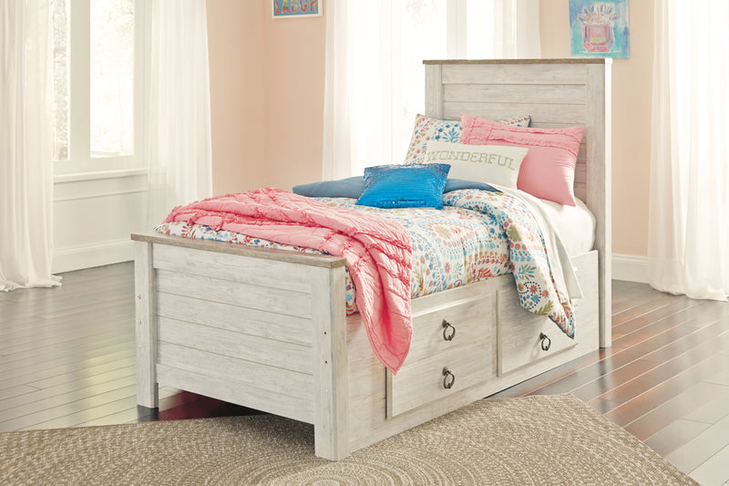Willowton Twin Bed with Storage, Dresser, Mirror, Chest and Nightstand