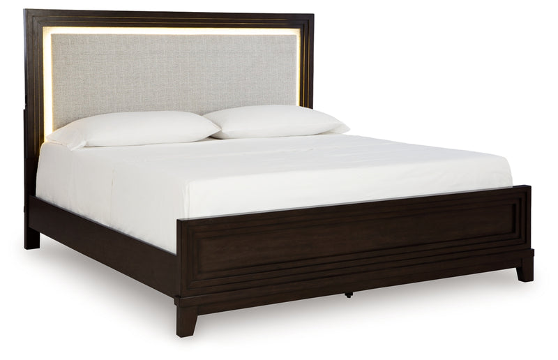 Neymorton Queen Upholstered Panel Bed, Dresser and Mirror