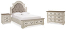 Realyn Queen Upholstered Panel Bed with Storage, Dresser and Nightstand