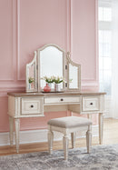 Realyn Queen Panel Bed, Dresser, Mirror and Vanity