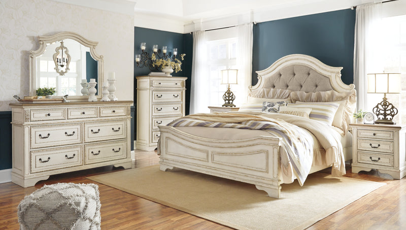 Realyn King Upholstered Panel Bed, Dresser and Mirror