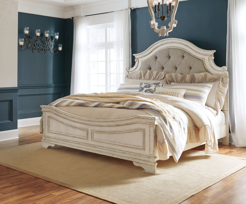 Realyn King Panel Upholstered Bed, Dresser, Mirror and Chest