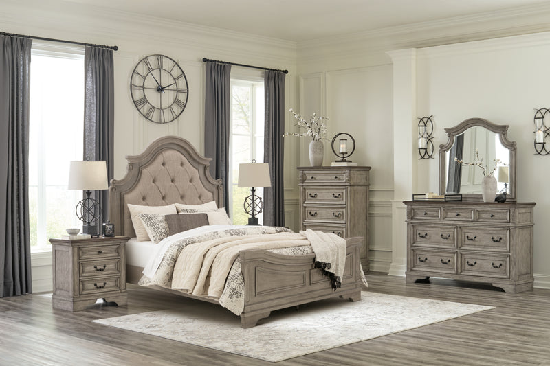 Lodenbay Queen Upholstered Panel Bed, Dresser, Mirror, Chest and Nightstand