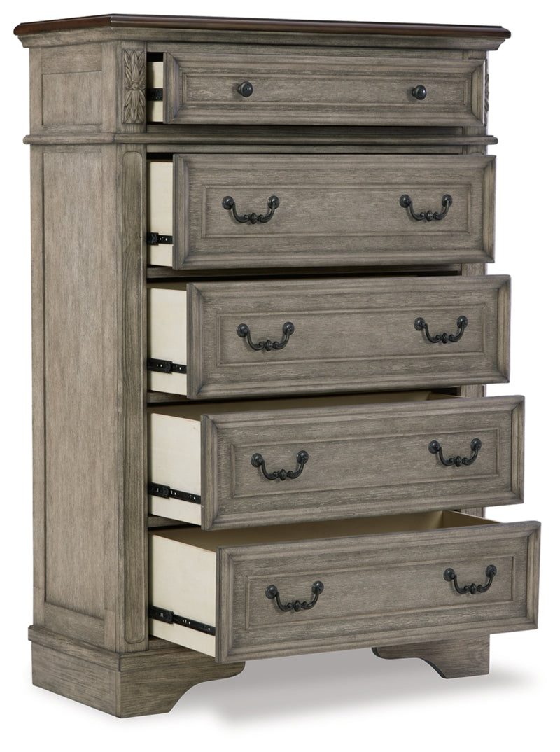 Lodenbay King Upholstered Panel Bed, Dresser, Mirror, Chest and Nightstand