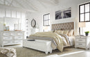 Kanwyn King Upholstered Storage Bed, Dresser, Mirror and Nightstand