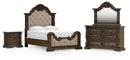 Maylee Queen Upholstered Panel Bed, Dresser, Mirror and Nightstand