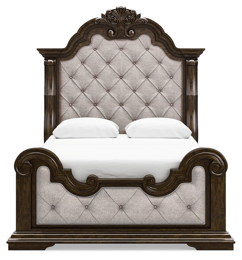 Maylee Queen Upholstered Panel Bed, Dresser, Mirror and Nightstand
