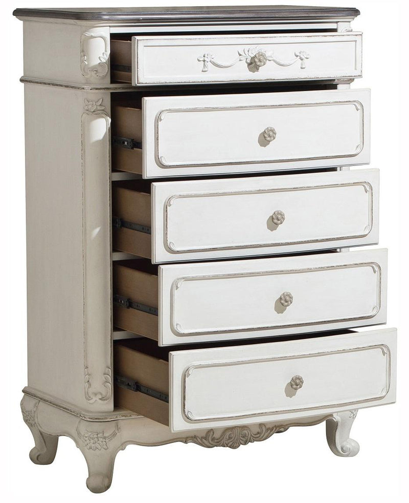 Homelegance Cinderella 5 Drawer Chest in Antique White with Grey Rub-Through