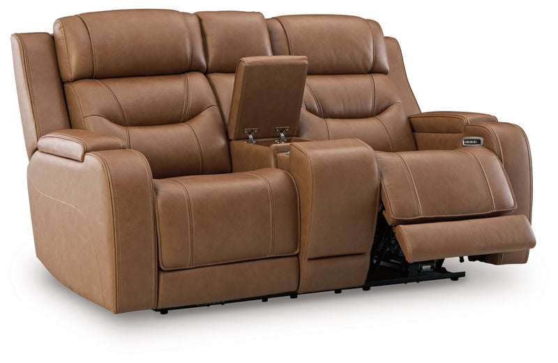 Knightington Power Reclining Loveseat with Audio Seating (Color: Caramel)